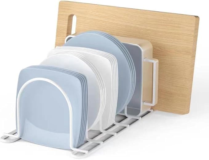 Pot Lid Rack Organizer, 10.5" Kitchenware Dividers Holder for Plates, Pans,Chopping Boards, Muffin Tins, Baking Sheets in Cabinets Shelf Countertop Pantry (White, 6-Slot)