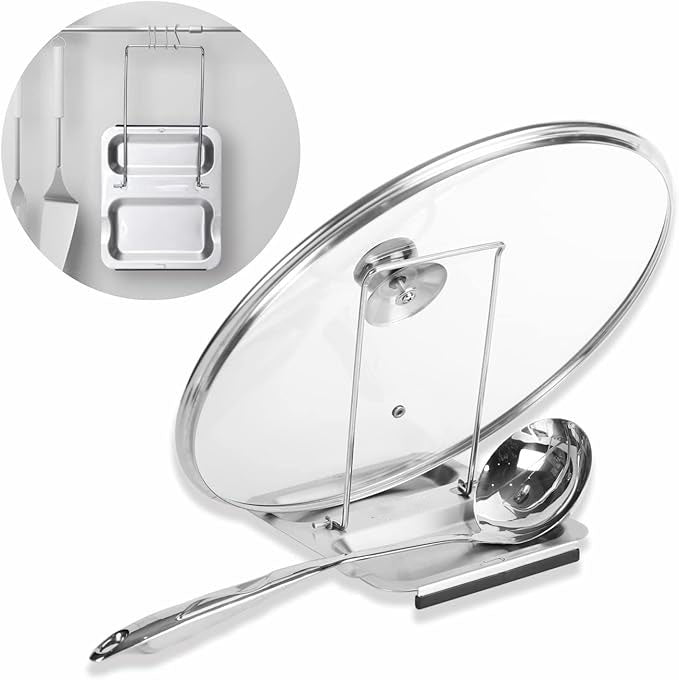 Foldable Spoon Rest and Pot Lid Holder for Counter, Non-scratch Silicone Base, Stainless Steel Pan Pot Cover Lid Rack Shelf Stand Holder Spoon Holder Utensil Rest Stove Organizer