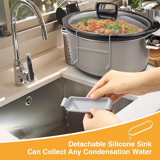 Slow Cooker Lid Holder for Cooking, Hand Free Pot Lid Organizer, Stainless Steel Rack with Silicone Sink, Fits Most Slow Cookers, Keeps Countertop No Mess (Grey, 2 Pack)