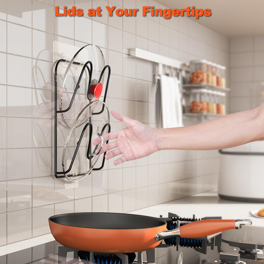 2 Pack Pot-Lid-Organizer, 4-Tier Pot-Lid-Holder for Cabinet Door/Wall, No Drilling Adhesive Wall/Door Mounted Rustproof Pots and Pans Lid Storage Rack for Kitchen Organizers (Black)