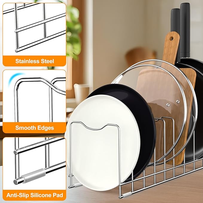 Lid Organizer Pot Lid Organizer 10-Tier Pot Lid Rack Holder Suitable for Bakeware Dish Plate, Cutting Boards, Pots & Pans, Serving Trays, Reusable Containers in Cabinet Pantry (1 Pack)