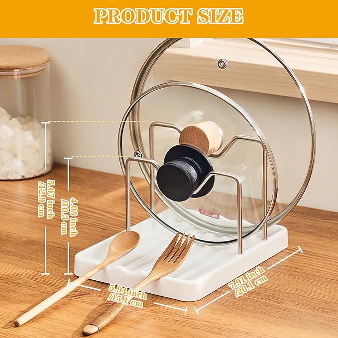 Spoon Rest with Pot Lid Holder - Pot Lid Organizer with 2 Racks, Lid and Spoon Rest for Kitchen Counter, Spoon Holder for Stove Top, Multifunction Kitchen Gadget Rack for Cooking