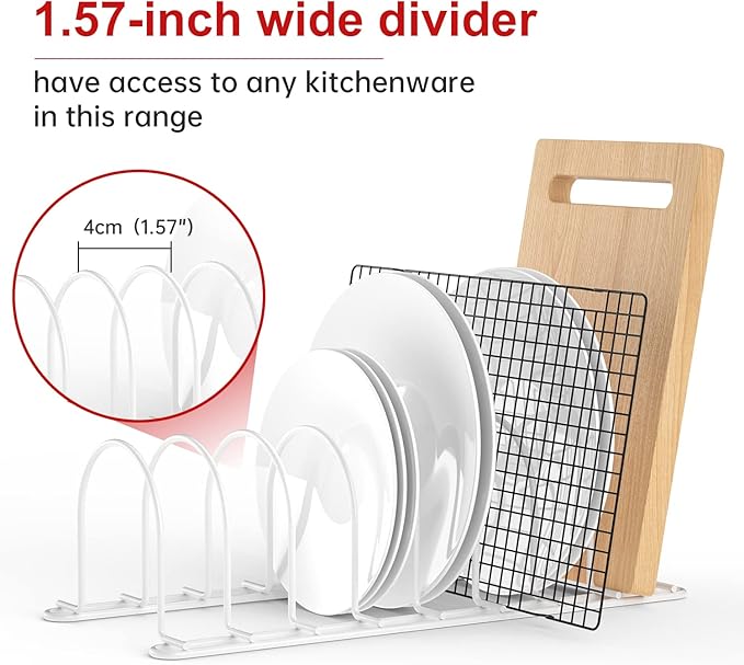 Pot Lid Rack Organizer, 10.5" Kitchenware Dividers Holder for Plates, Pans,Chopping Boards, Muffin Tins, Baking Sheets in Cabinets Shelf Countertop Pantry (White, 6-Slot)