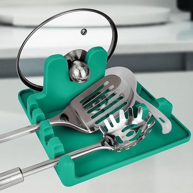 Silicone cutlery rack with drip pad; Stove surface spoon holder; Pot lid rack; Silicone spoon holder; Rest of utensils; Kitchen spoons rest; Kitchen spoon holder (turquoise)
