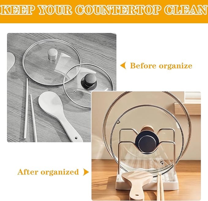 Spoon Rest with Pot Lid Holder - Pot Lid Organizer with 2 Racks, Lid and Spoon Rest for Kitchen Counter, Spoon Holder for Stove Top, Multifunction Kitchen Gadget Rack for Cooking