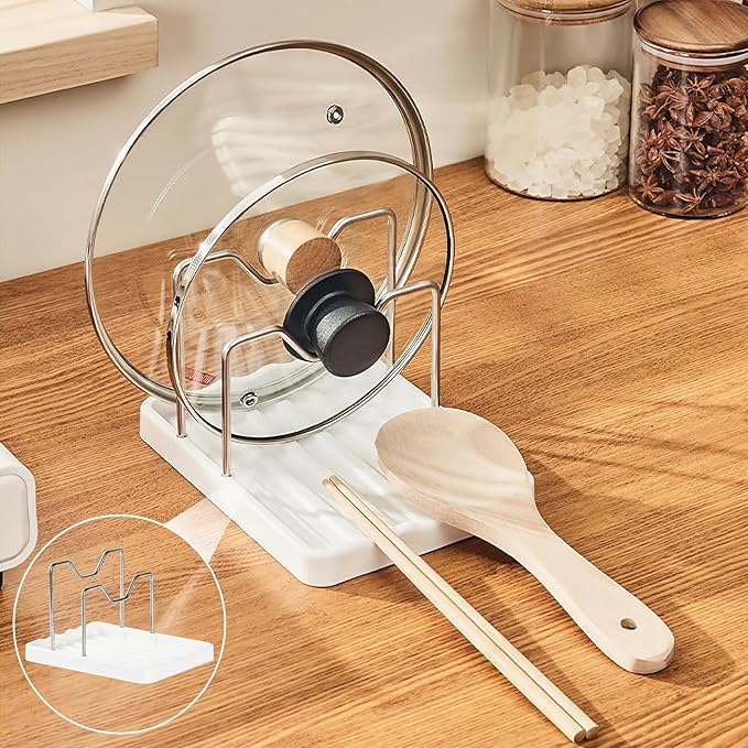 Spoon Rest with Pot Lid Holder - Pot Lid Organizer with 2 Racks, Lid and Spoon Rest for Kitchen Counter, Spoon Holder for Stove Top, Multifunction Kitchen Gadget Rack for Cooking
