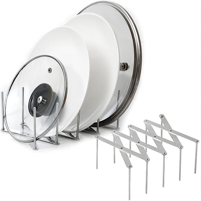 Adjustable Pot Lid Organizers, Dish Rack to Store Houseware, Plate Rack While Cooking, Kitchen Cabinet Pantry Pan and Pot Lid Organizer Rack Holder,4 sectional, 1Pcs