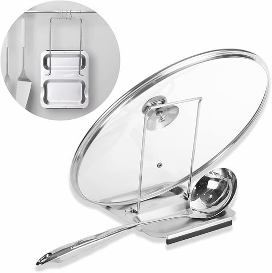Foldable Spoon Rest and Pot Lid Holder for Counter, Non-scratch Silicone Base, Stainless Steel Pan Pot Cover Lid Rack Shelf Stand Holder Spoon Holder Utensil Rest Stove Organizer