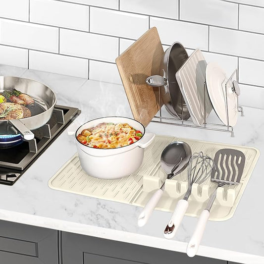 Pot Lid Organizer & Silicone Mat with Spoon Rest, Utensil Rest Combo 2Pcs, Cutting Board Holder for Pans, Baking Sheets, Dishes, 304 Stainless Steel