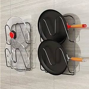 2 Pack Pot-Lid-Organizer, 4-Tier Pot-Lid-Holder for Cabinet Door/Wall, No Drilling Adhesive Wall/Door Mounted Rustproof Pots and Pans Lid Storage Rack for Kitchen Organizers (Black)