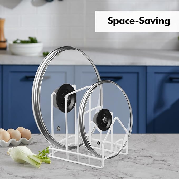 Kitchen Pot Lid Organizer, Pan Rack with 4 Compartments, Pantry Organizer Rack for Dinnerware, Bakeware, Cookware, Cutting Boards, Pan Lids (Small Size, White)