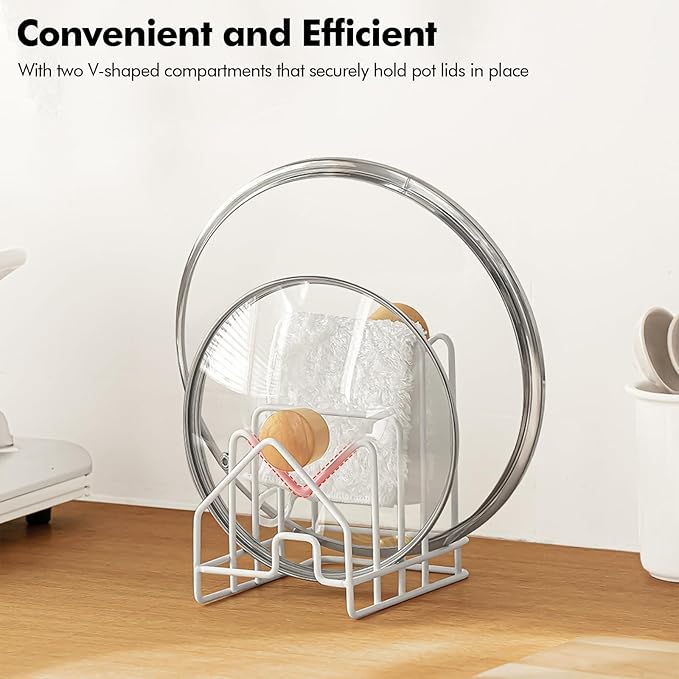 Kitchen Pot Lid Organizer, Pan Rack with 4 Compartments, Pantry Organizer Rack for Dinnerware, Bakeware, Cookware, Cutting Boards, Pan Lids (Small Size, White)