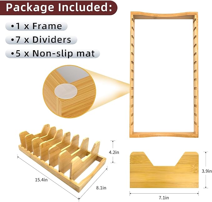 Bamboo Pot Lid Organizer for Cabinet & Kitchen Counter, Pan Lid Organizer Inside Cabinet, Pot Lid Holder, Sheet Pan Rack, Adjustable Pot Cover Holder Rack for Countertop, Under Cabinet