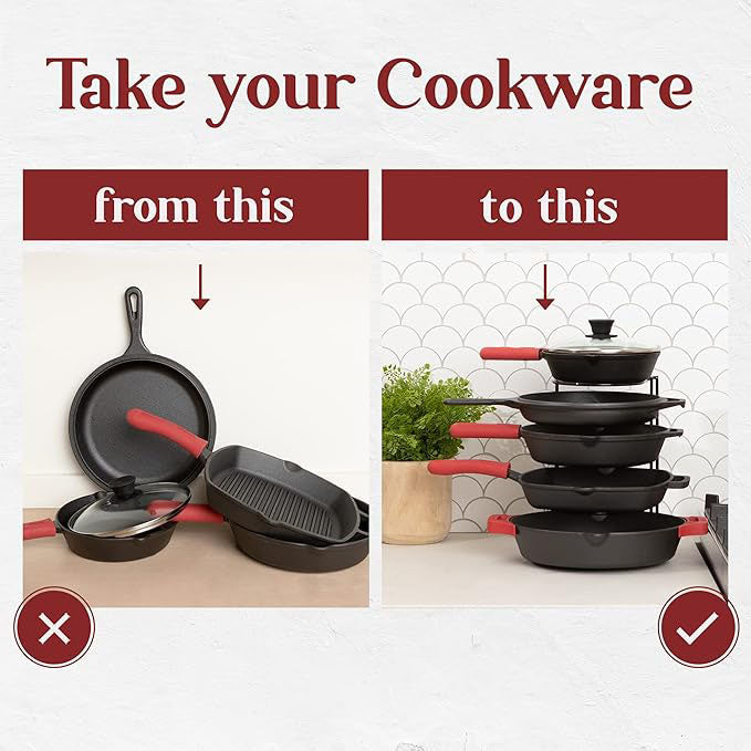 Pan Organizer - Silicone-Coated Non-Slip 12" Heavy Duty Skillet Rack - Kitchen Counter/Cabinet Organization Storage - Holder for Cookie Sheet, Cutting Board, Cast Iron Cookware, Dish, Pot, Lid Stand