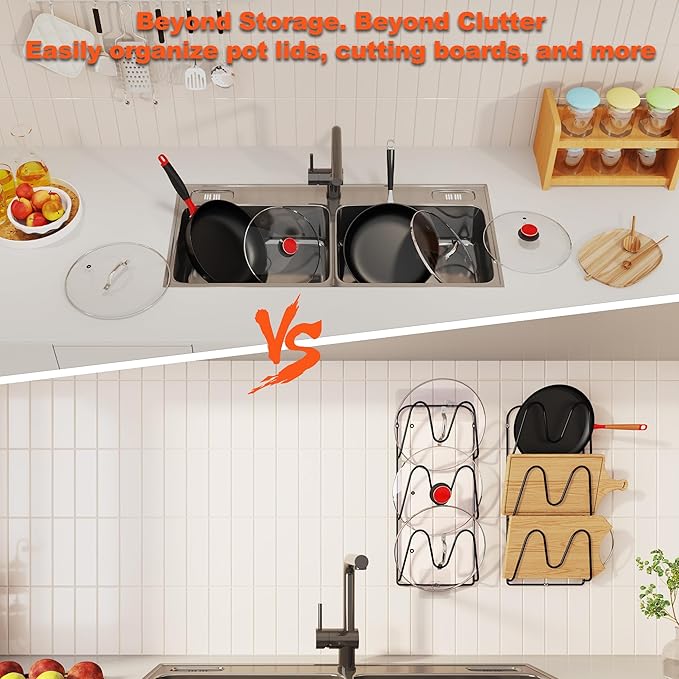 2 Pack Pot-Lid-Organizer, 6-Tier Pots and Pans Lid-Organizer for Cabinet Door/Wall, No Drilling Adhesive Wall/Door Mounted Rustproof Pot-Lid-Holder for Kitchen Organization