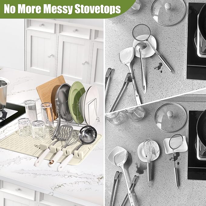 Pot Lid Organizer & Silicone Mat with Spoon Rest, Utensil Rest Combo 2Pcs, Cutting Board Holder for Pans, Baking Sheets, Dishes, 304 Stainless Steel