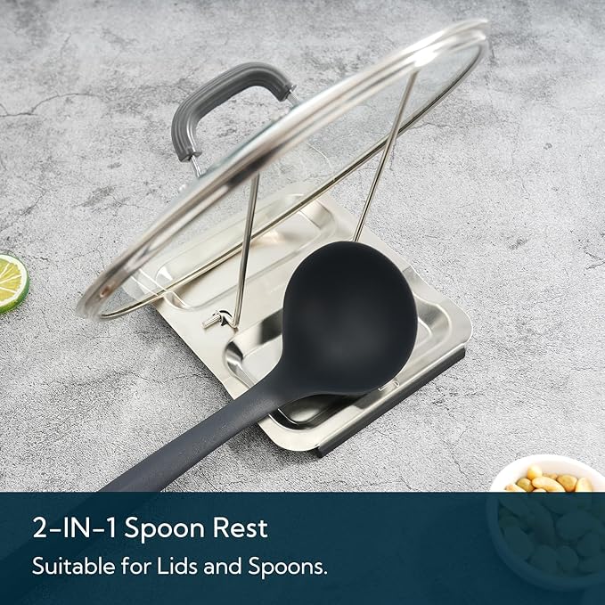 Foldable Spoon Rest and Pot Lid Holder for Counter, Non-scratch Silicone Base, Stainless Steel Pan Pot Cover Lid Rack Shelf Stand Holder Spoon Holder Utensil Rest Stove Organizer